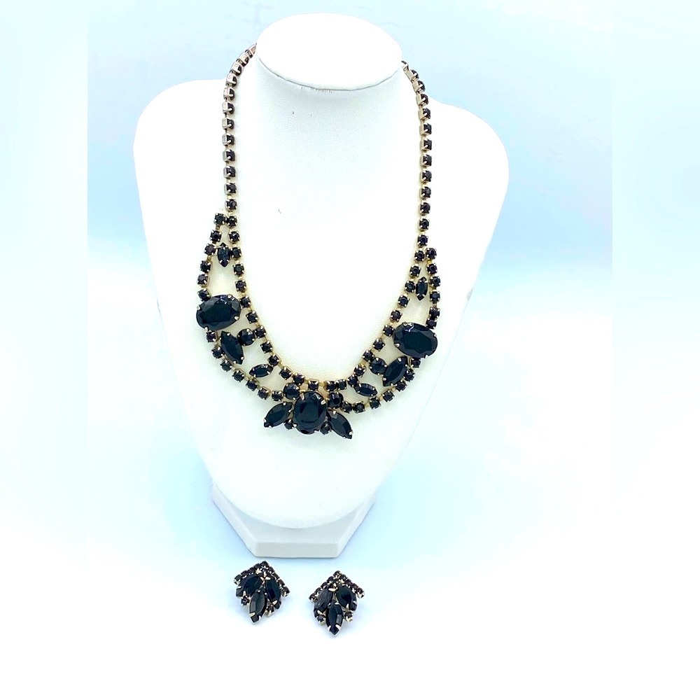 Unique Vintage Black Rhinestone Necklace Set